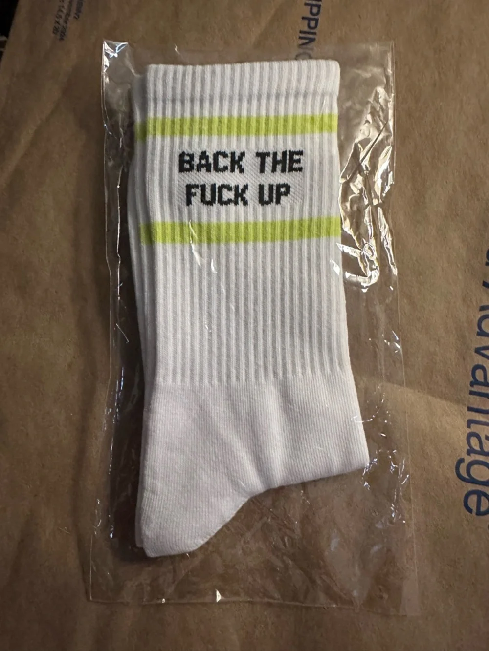 Funny & Vulgar Saying White Crew Socks with Neon Stripe and Bold